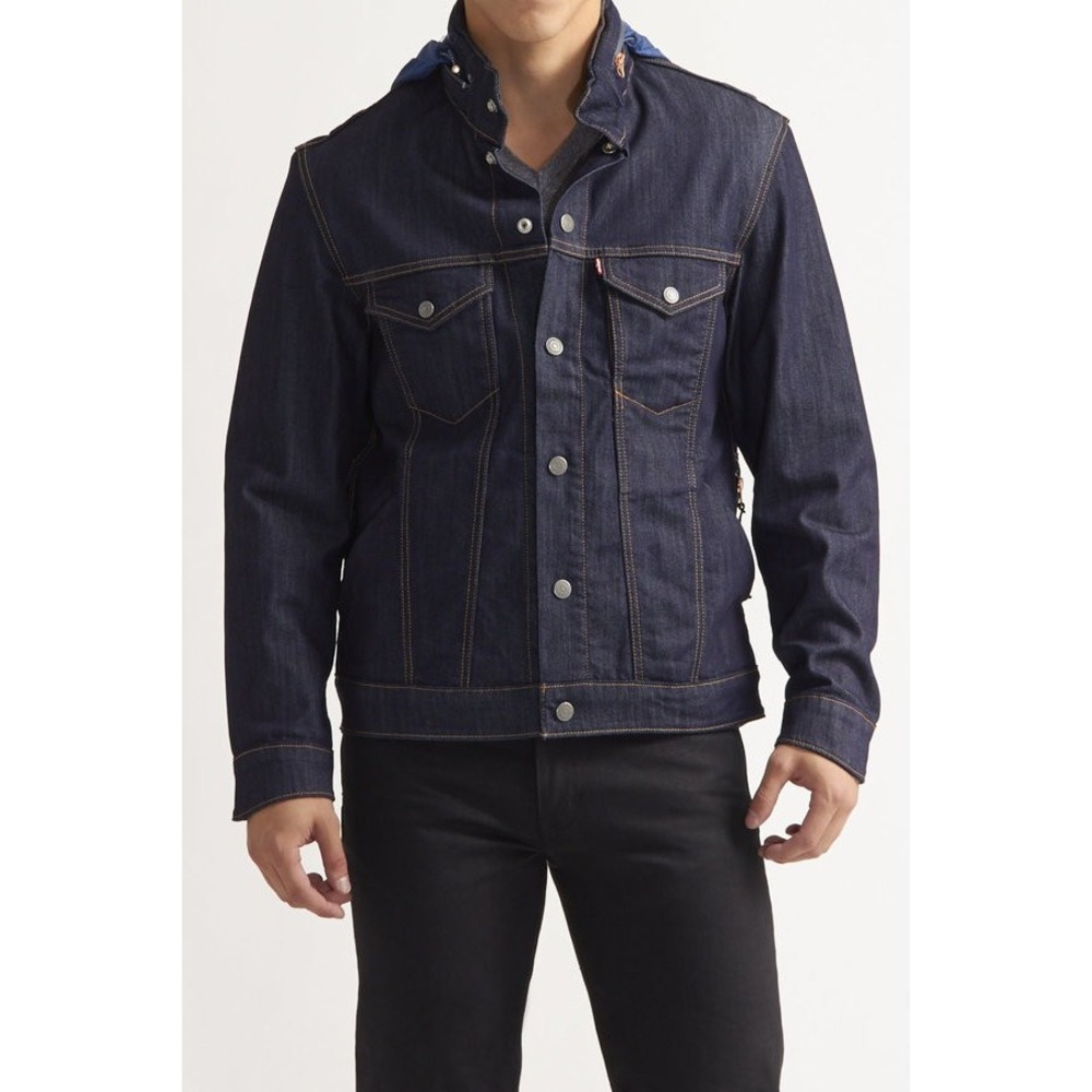 Levi's Denim Trucker Jacket NWOT with Detachable Hood, Mens Small Dark Wash